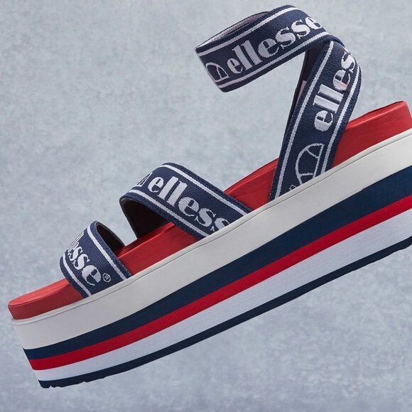 Ellesse Shoes - Ellesse 5 women’s elina text platform sandal blue red white elastic straps